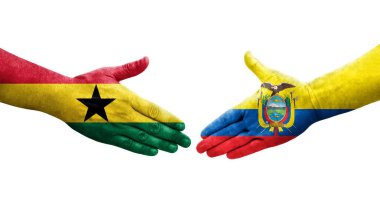 Ellere boyanmış Ekvador ve Gana bayrakları arasındaki el sıkışma, izole şeffaf görüntü.