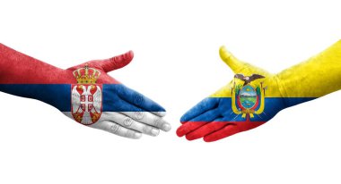 Ekvador ve Sırbistan arasındaki el sıkışma ellerinde boyanmış bayraklar, izole edilmiş şeffaf görüntü.