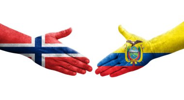 Ellere boyanmış Ekvador ve Norveç bayrakları arasındaki el sıkışma, izole şeffaf görüntü.