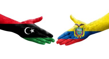 Ellere boyanmış Ekvador ve Libya bayrakları arasındaki el sıkışma, izole saydam görüntü.