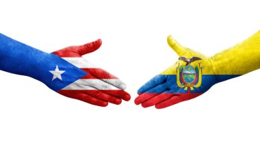 Ekvador ve Porto Riko bayrakları arasındaki el sıkışma ellerinde izole şeffaf görüntü.