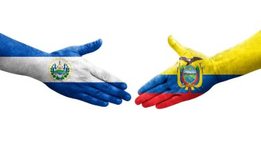 Ekvador ve El Salvador bayrakları arasındaki el sıkışma, izole şeffaf görüntü.