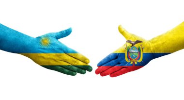 Ekvador ve Ruanda bayrakları arasındaki el sıkışma ellerinde izole şeffaf görüntü.