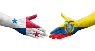Ellere boyanmış Ekvador ve Panama bayrakları arasındaki el sıkışma, izole şeffaf görüntü.