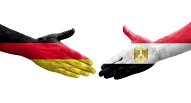 Mısır ve Almanya arasındaki el sıkışma ellerinde bayraklar, izole şeffaf görüntü.