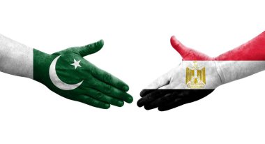 Mısır ve Pakistan bayrakları arasındaki el sıkışma ellere boyanmış, izole şeffaf görüntü.