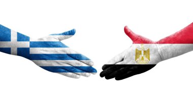 Mısır ile Yunanistan arasındaki el sıkışma ellerinde bayraklar, izole edilmiş şeffaf görüntü.