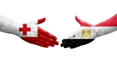 Mısır ve Tonga bayrakları arasındaki el sıkışma ellere boyanmış, izole şeffaf görüntü.