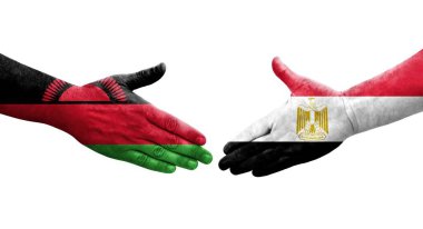 Mısır ve Malawi bayrakları arasındaki el sıkışma ellere boyanmış, izole şeffaf görüntü.