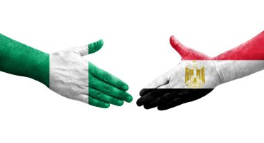 Mısır ve Nijerya bayrakları arasındaki el sıkışma ellerinde resmedilmiş şeffaf bir görüntü.