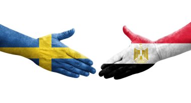 Mısır ve İsveç bayrakları arasında el sıkışma, izole şeffaf görüntü.