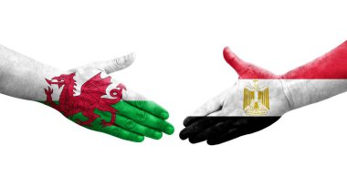 Mısır ve Galler arasındaki el sıkışma ellerinde boyalı bayraklar, izole edilmiş şeffaf görüntü.