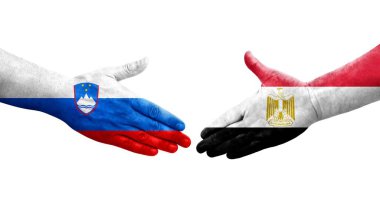 Mısır ve Slovenya bayrakları arasındaki tokalaşma elleri boyalı, izole şeffaf görüntü.