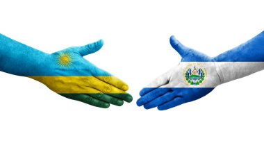 El Salvador ve Ruanda bayrakları arasındaki el sıkışma ellerinde izole şeffaf görüntü.