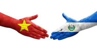 El Salvador ve Vietnam bayrakları arasındaki el sıkışma, izole şeffaf görüntü.