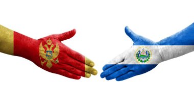 El Salvador ve Karadağ bayrakları arasındaki el sıkışma, izole şeffaf görüntü.