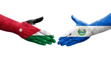 El Salvador ve Ürdün bayrakları arasındaki el sıkışma ellerinde resmedilmiş şeffaf görüntü.