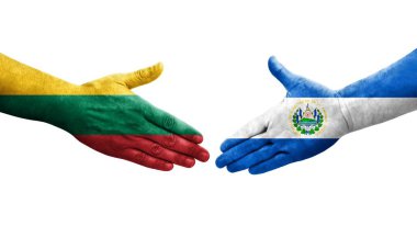 El Salvador ve Litvanya bayrakları arasındaki el sıkışma, izole şeffaf görüntü.