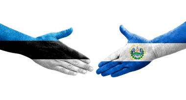 El Salvador ve Estonya bayrakları arasındaki el sıkışma ellerinde resmedilmiş şeffaf görüntü.