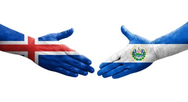 El Salvador ve İzlanda bayrakları arasında el sıkışma, izole şeffaf görüntü.