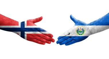 El Salvador ve Norveç bayrakları arasındaki tokalaşma elleri boyalı, izole şeffaf görüntü.