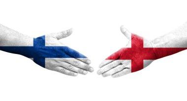 İngiltere ve Finlandiya bayrakları arasında el sıkışma, izole şeffaf görüntü.