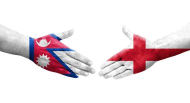 İngiltere ve Nepal bayrakları arasındaki el sıkışma ellerinde resmedilmiş şeffaf görüntü.