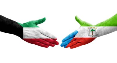 Ekvator Ginesi ve Kuveyt bayrakları arasındaki el sıkışma ellerinde resmedilmiş şeffaf görüntü.