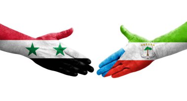 Ellere boyanmış Ekvator Ginesi ve Suriye bayrakları arasındaki el sıkışma, izole şeffaf görüntü.
