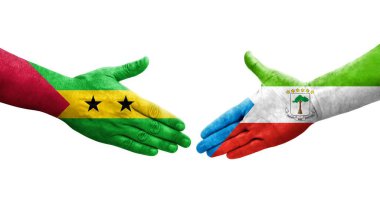 Ekvator Ginesi ve Sao Tome ve Principe bayrakları arasındaki el sıkışma, izole şeffaf görüntü.