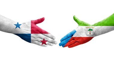 Ekvator Ginesi ve Panama bayrakları arasındaki el sıkışma, izole şeffaf görüntü.