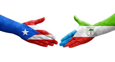 Ekvator Ginesi ve Porto Riko bayrakları arasındaki tokalaşma elleri boyalı, izole şeffaf görüntü.