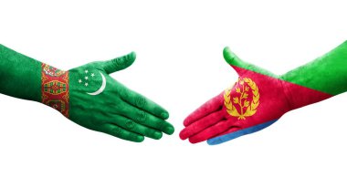 Eritre ve Türkmenistan bayrakları arasındaki el sıkışma, izole şeffaf görüntü.