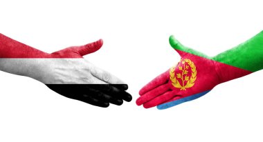 Eritre ve Yemen bayrakları arasındaki el sıkışma ellerinde resmedilmiş şeffaf görüntü.