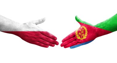 Eritre ve Polonya arasındaki el sıkışma ellerinde bayraklar, izole şeffaf görüntü.