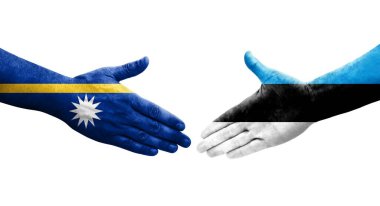 Ellerinde Estonya ve Nauru bayrakları arasında el sıkışma, izole şeffaf görüntü.