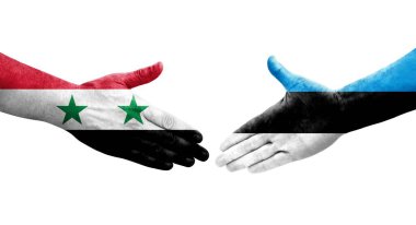 Ellerinde Estonya ve Suriye bayrakları, izole edilmiş şeffaf görüntü arasında el sıkışma.