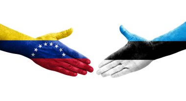 Estonya ve Venezuela bayrakları arasındaki el sıkışma ellerinde resmedilmiş şeffaf görüntü.