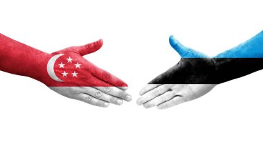 Estonya ve Singapur bayrakları arasındaki el sıkışma ellerinde resmedilmiş şeffaf görüntü.