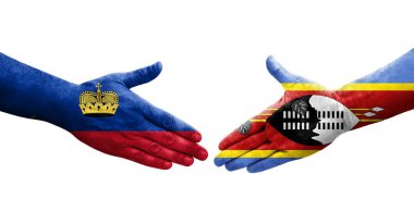 Ellerinde Eswatini ve Lihtenştayn bayrakları arasında el sıkışma, izole saydam görüntü.