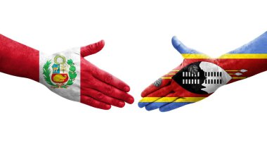 Ellerinde Eswatini ve Peru bayrakları arasında el sıkışma, izole şeffaf görüntü.