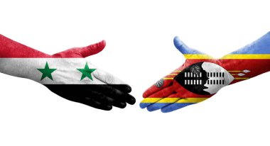 Ellerinde Eswatini ve Suriye bayrakları arasında el sıkışma, izole şeffaf görüntü.