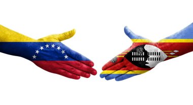 Ellerinde Eswatini ve Venezuela bayrakları arasında el sıkışma, izole şeffaf görüntü.