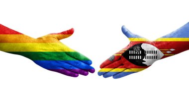 Ellere boyanmış Eswatini ve LGBT bayrakları arasındaki el sıkışma, izole şeffaf görüntü.