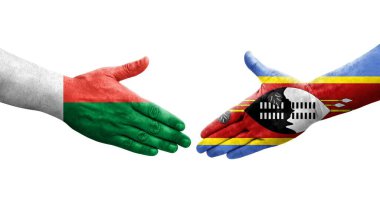 Eswatini ve Madagaskar bayrakları arasındaki tokalaşma elleri boyalı, izole şeffaf görüntü.