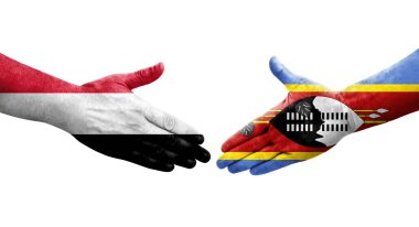 Ellerinde Eswatini ve Yemen bayrakları arasında el sıkışma, izole şeffaf görüntü.