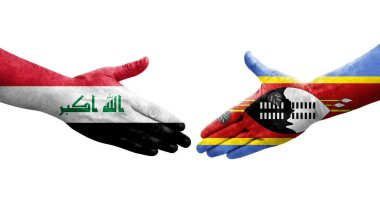 Ellerinde Eswatini ve Irak bayrakları arasında el sıkışma, izole şeffaf görüntü.