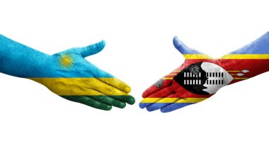 Eswatini ve Ruanda bayrakları arasındaki el sıkışma ellerinde izole şeffaf görüntü.