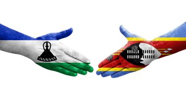 Ellerinde Eswatini ve Lesotho bayrakları arasında el sıkışma, izole şeffaf görüntü.