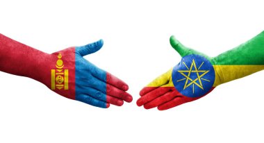 Etiyopya ve Moğolistan bayrakları arasındaki el sıkışma, izole şeffaf görüntü.